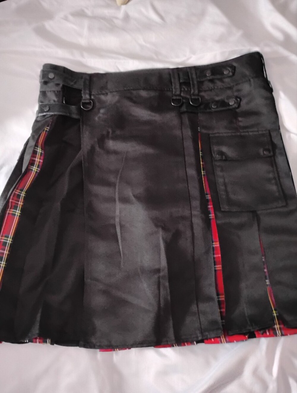 Men's Black Dress Kilt-Style Costume with Red Tartan Trim
